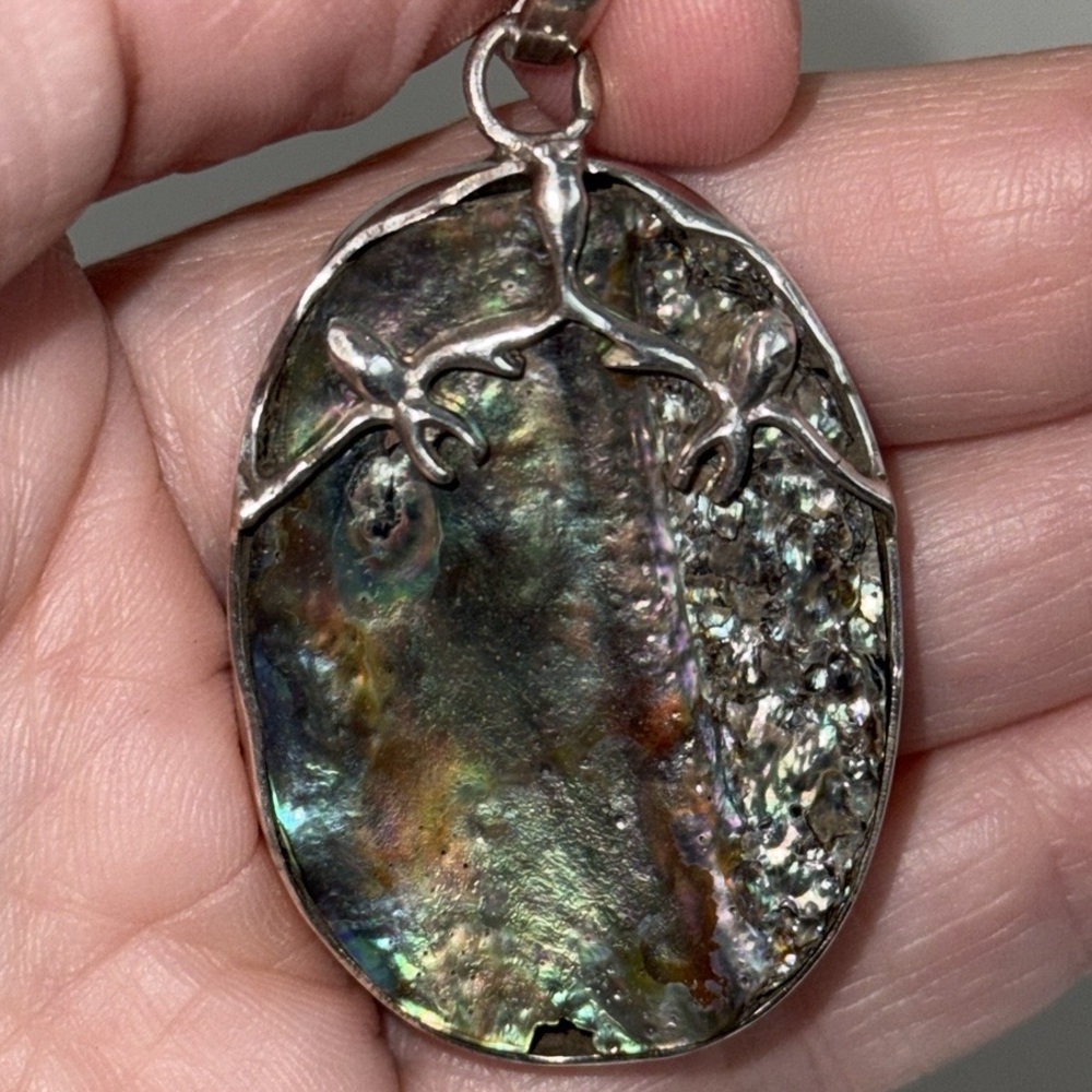 Large Abalone Shell Oval Silver Tone Pendant Boho Artisan Style
